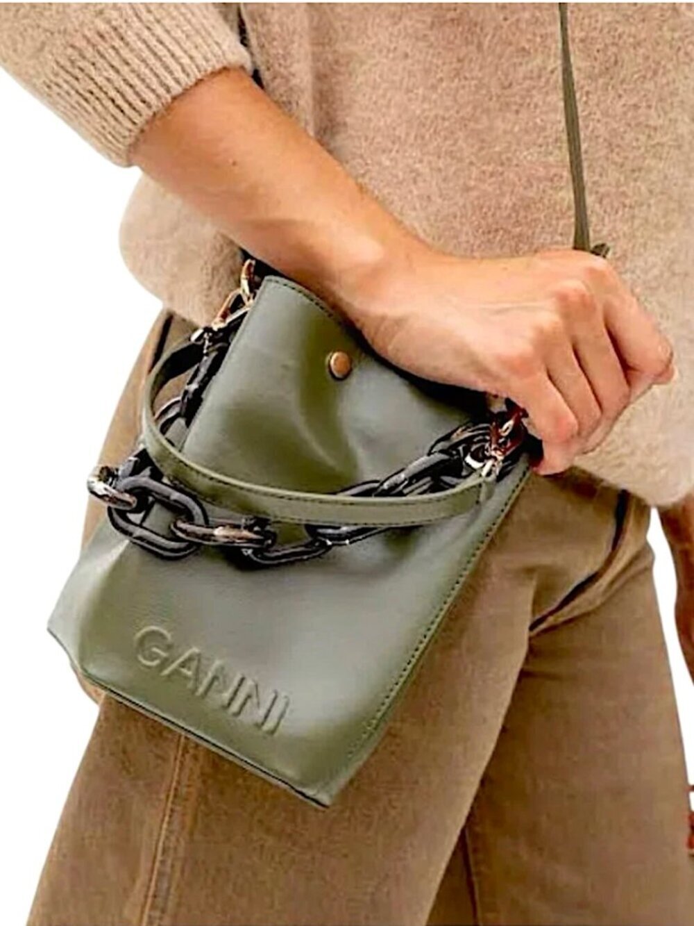 GANNI 3-Way Diamond Bucket Bag Limited Edition Leather Crossbody Shoulder Green